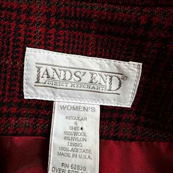 Vintage Lands’ End Dark Red Plaid Blazer Preppy Goth Money Wool Pockets Size 6 - Picture 3 of 7